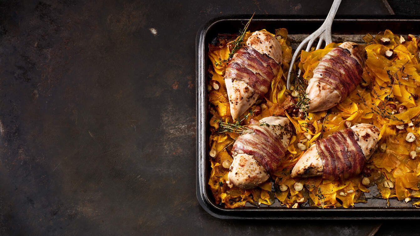 Poitrine de poulet et courge enrobée de lard