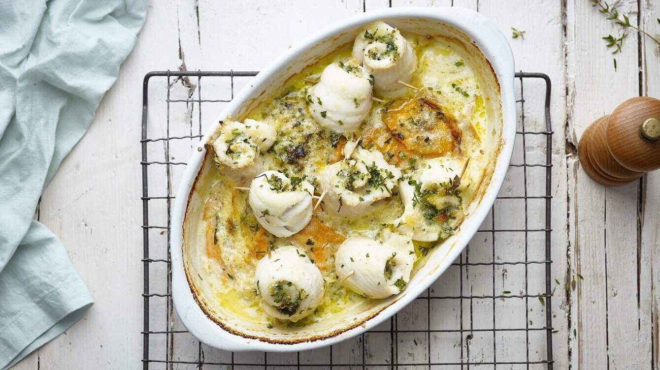 Gratin de patates douces et rouleaux de limande-sole
